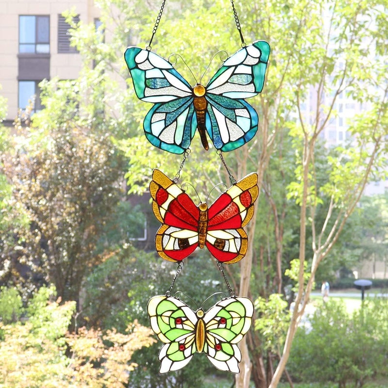 Bieye W10053 Butterfly Tiffany Style Stained Glass Window Panel with 3 Pieces Hanging Successively Within Chains, 12" W x 25" H - Image 5